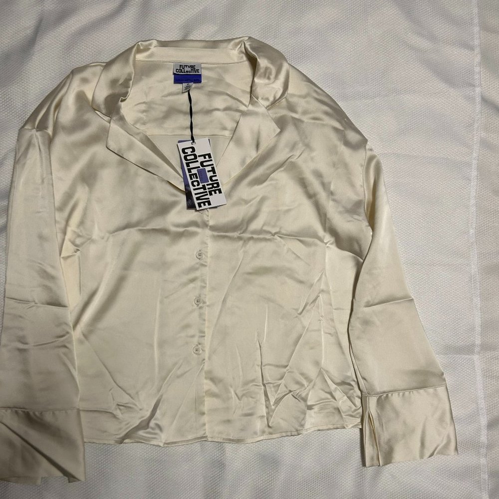 Future Collective Kahlana Barfield Brown Target Long Sleeve Satin Blouse